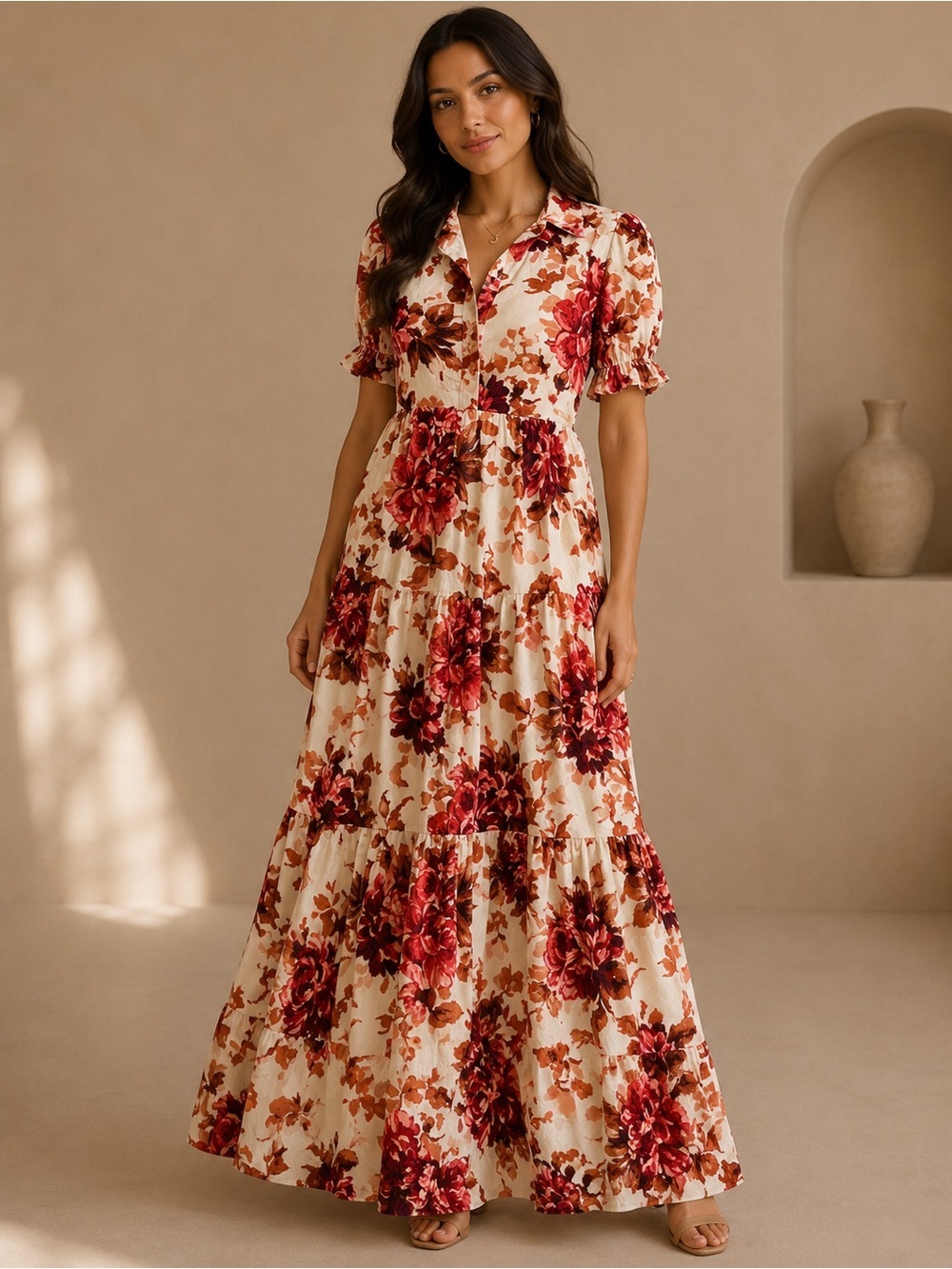 TCEC Floral Tiered Mini Dress Romantic Puff Sleeve Cottagecore Size Small